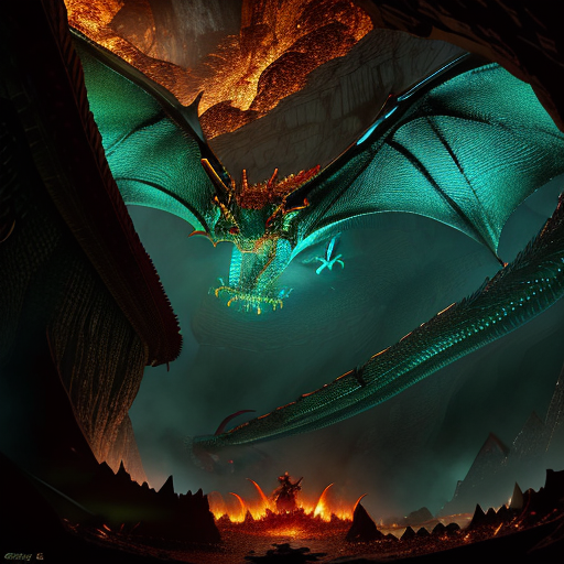 A wide shot of Smaug's massive, awe-inspiring form being approached by the seemingly small figures of Sherlock Holmes and Bilbo, his fiery eyes gleaming in the dark cavern.